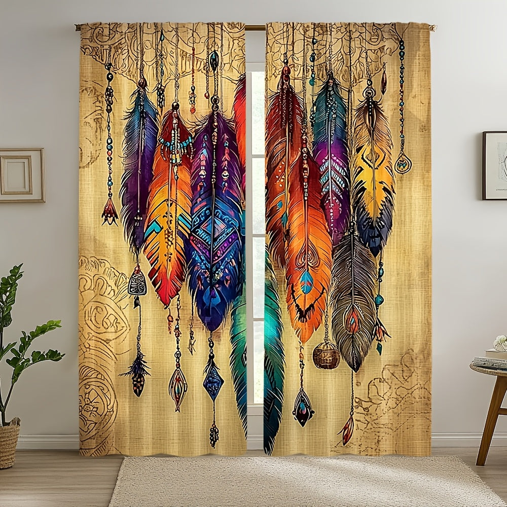 Cortinas com Estampa de Penas Vibrantes