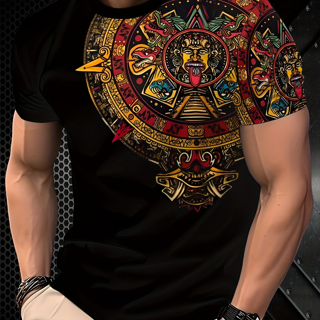 Camiseta Masculina com Estampa 3D de Padrão Asteca