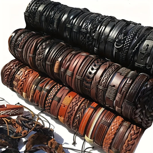 Pulseiras de Couro sintético Trançadas à Mão em Estilo Retro