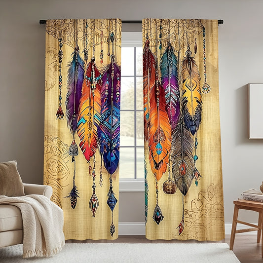 Cortinas com Estampa de Penas Vibrantes