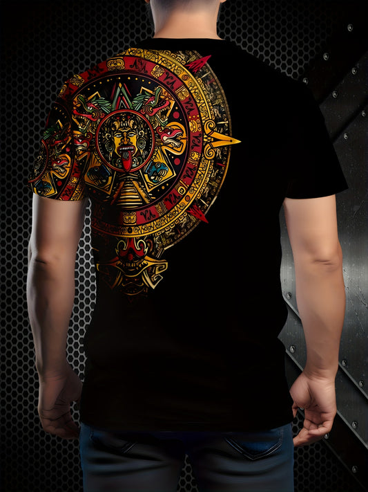 Camiseta Masculina com Estampa 3D de Padrão Asteca