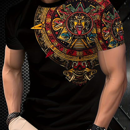 Camiseta Masculina com Estampa 3D de Padrão Asteca