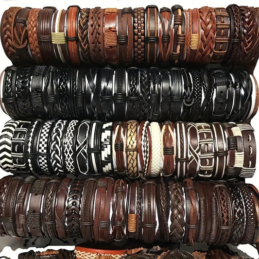 Pulseiras de Couro sintético Trançadas à Mão em Estilo Retro